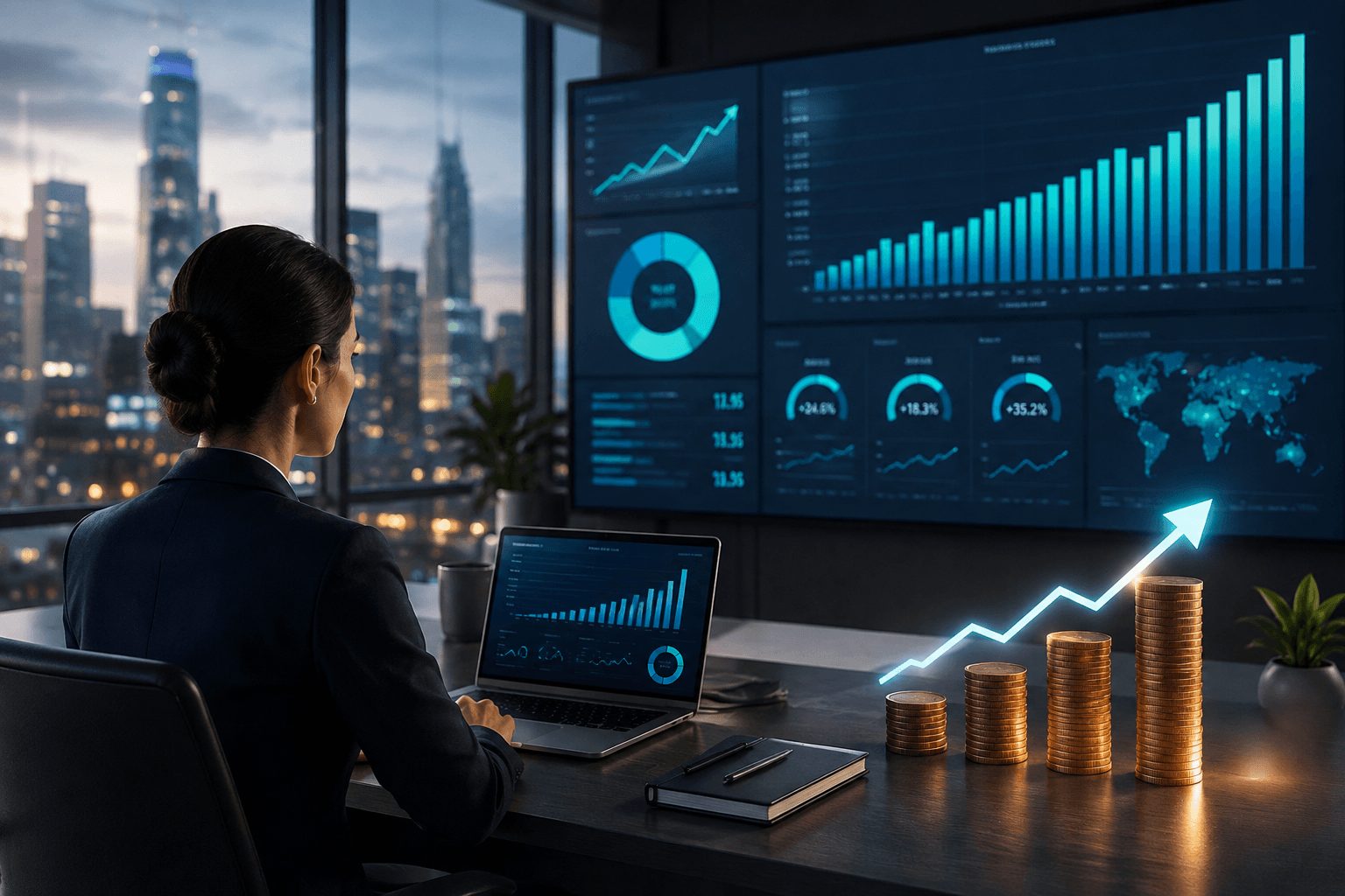 Concept illustration of technology performance indicators and financial value.