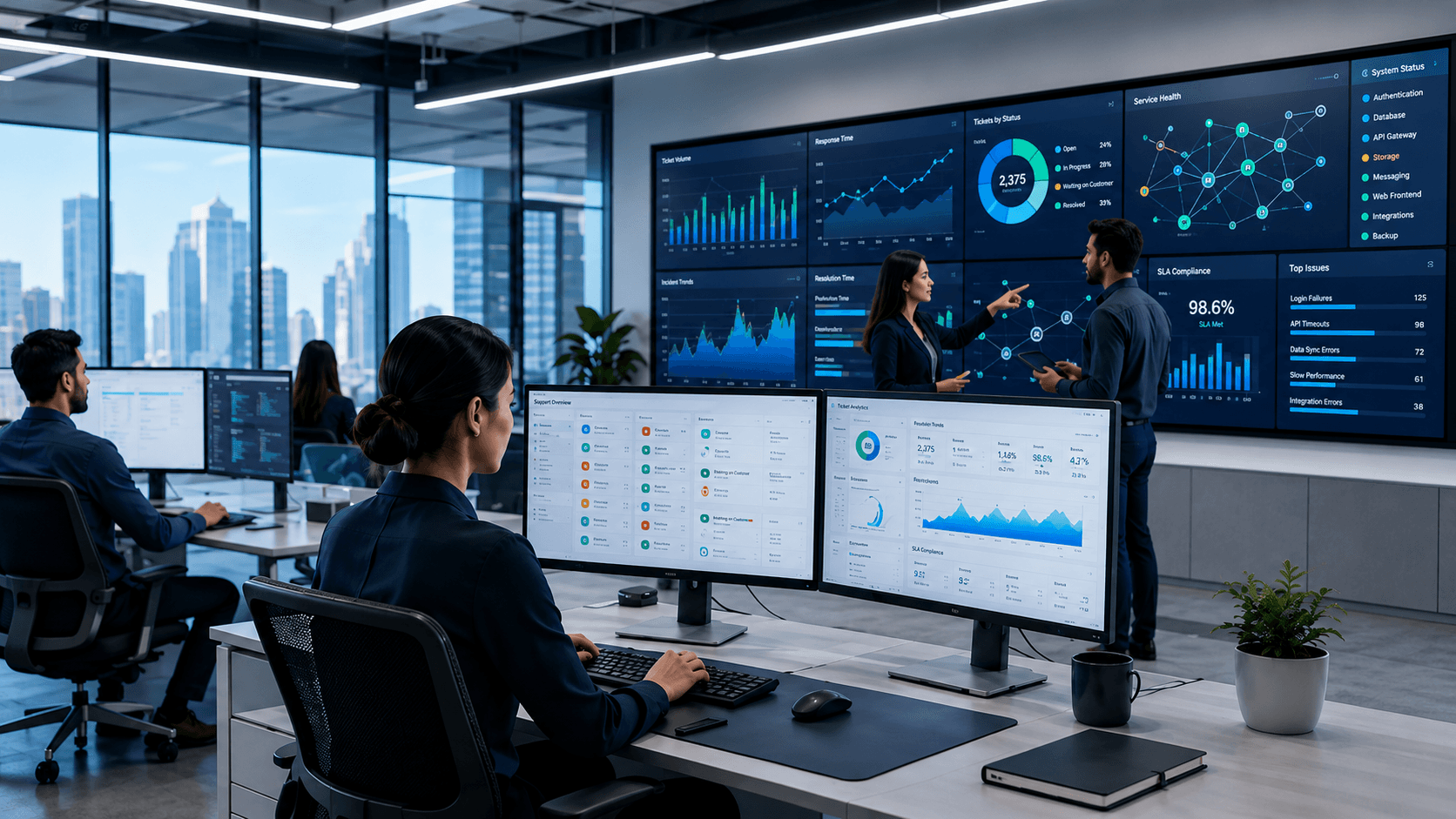 Illustration of application support specialists reviewing service dashboards.