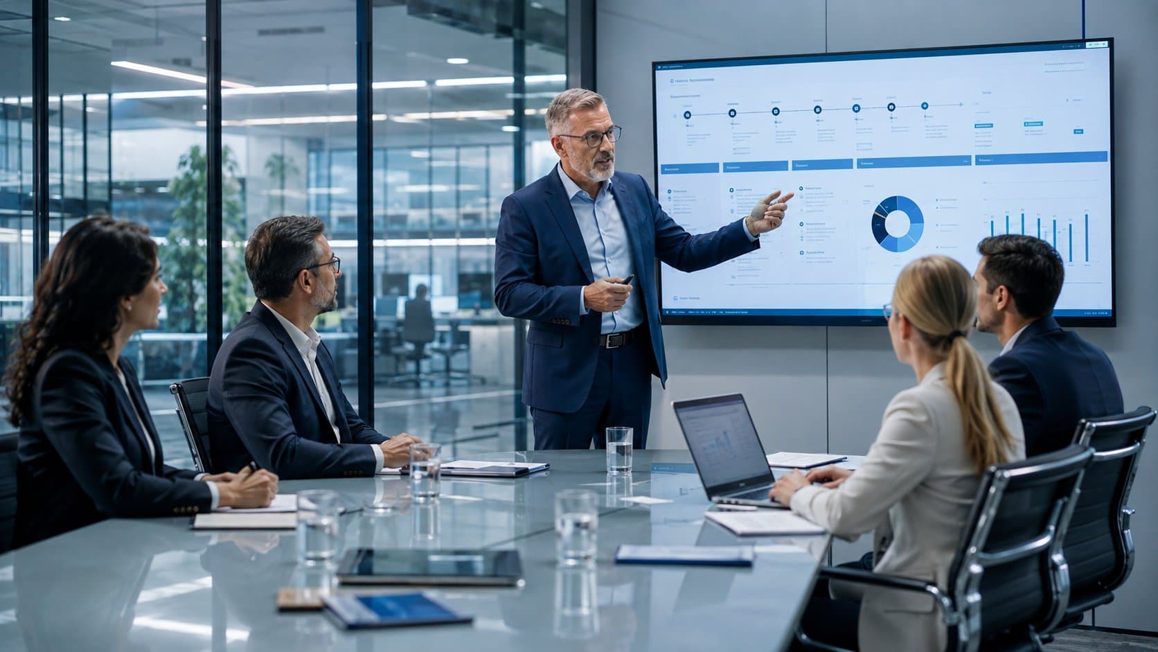 Illustration of a consultant and business leaders reviewing an implementation roadmap.