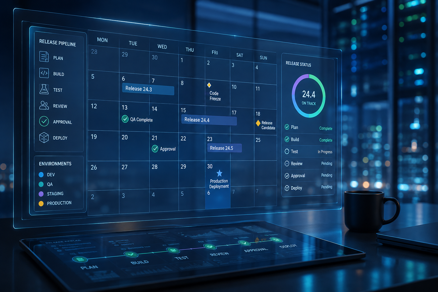 Release calendar with deployment dates and production gates